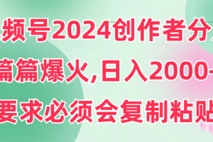 视频号2024创作者分成，片片爆火，要求必须会复制粘贴，日入2000+
