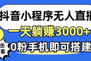 抖音小程序无人直播，一天躺赚3000+，0粉手机可搭建，不违规不限流，小…
