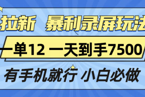 拉新暴利录屏玩法,一单12块,一天到手7500,有手机就行