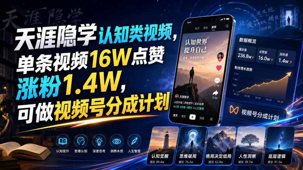 天涯隐学认知类视频,单条视频16W点赞涨粉1.4W,可做视频号分成计划
