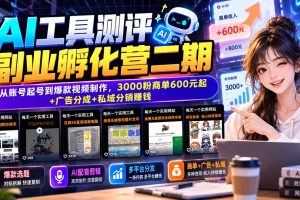 AI工具测评副业孵化营二期：从零起号到爆款视频，3000粉即可接600元商单，广告分成+私域分销多重变现